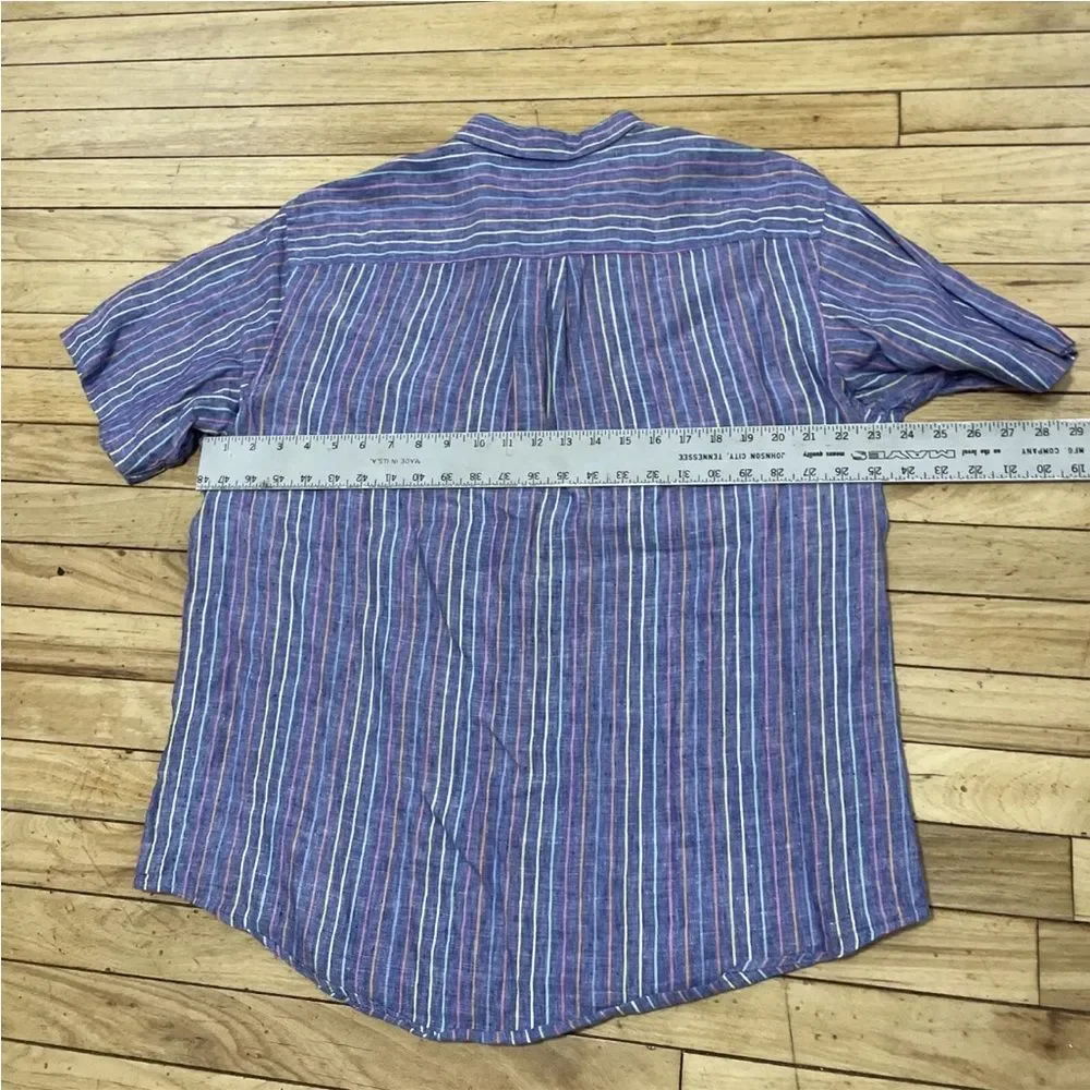 LANDS' END Linen Button Shirt Men L Traditional Fit Blue Vertical Stripe Rainbow